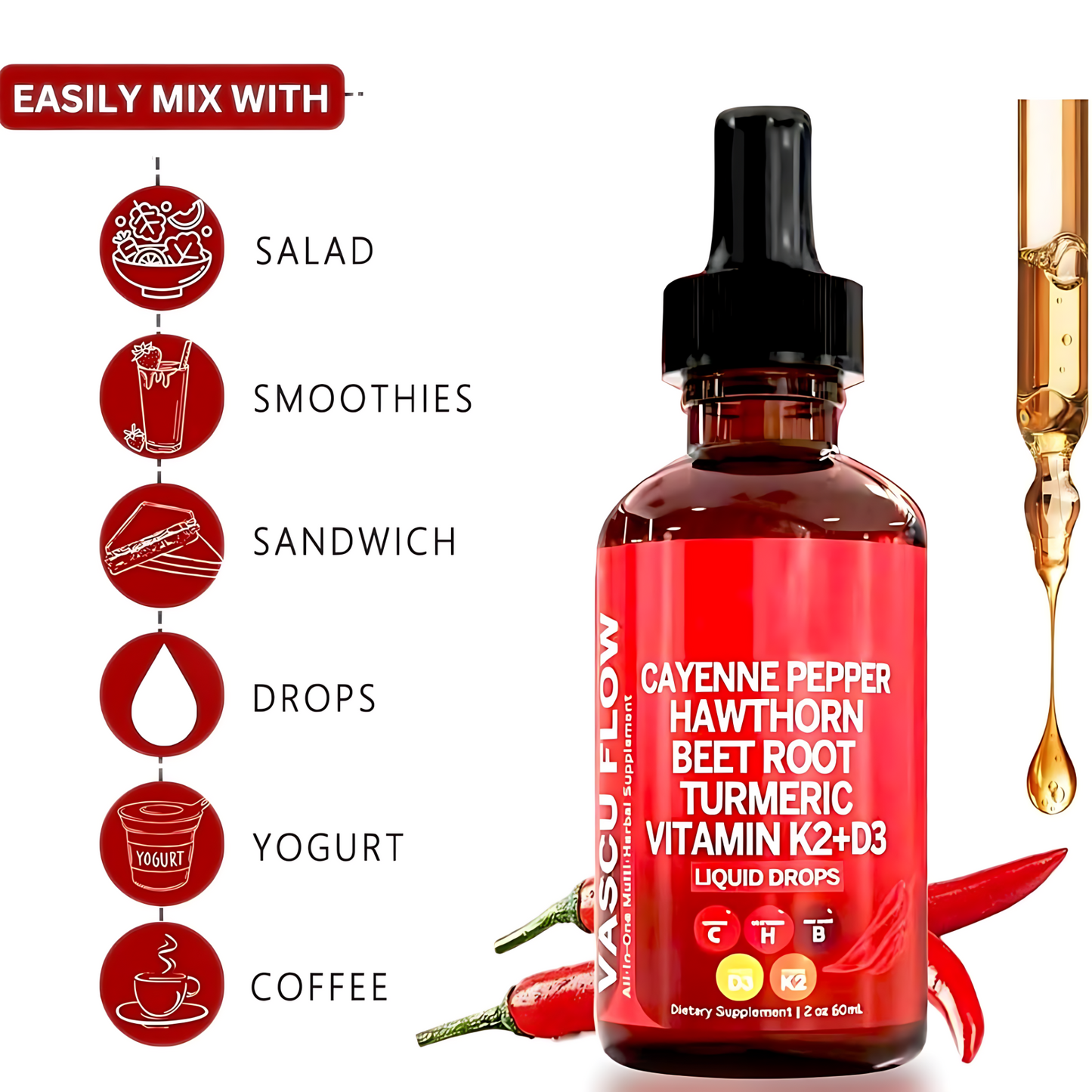 Cayenne Pepper Hawthorn Beet Root Turmeric Vitamin K2+D3 Liquid Drops