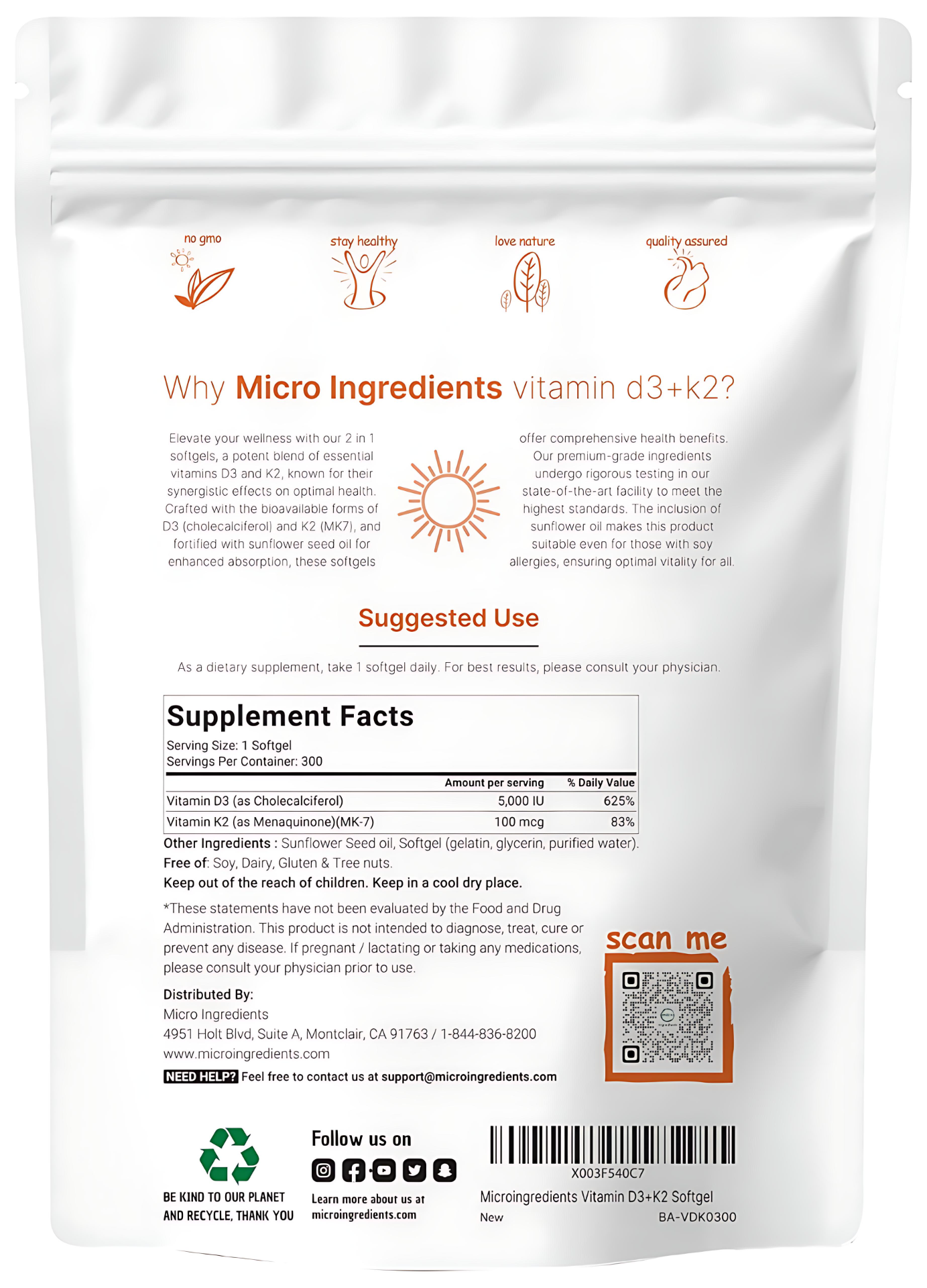 Vitamin D3 5000 IU with K2 100 mcg 300 Soft-Gels